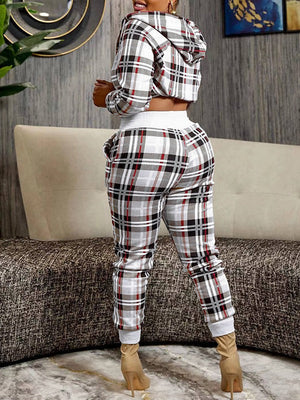 Goosudu Plaid Zip-Front Hoodie & Pants Set