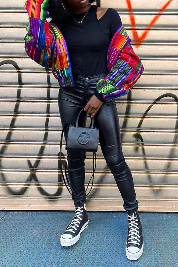 Goosudu Colorful Striped Classic Zipper Coat