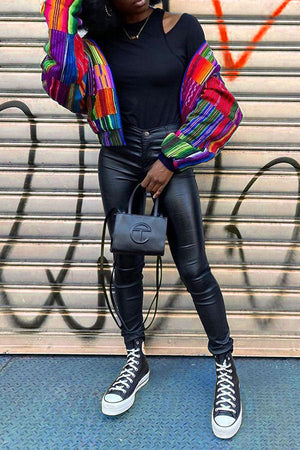 Goosudu Colorful Striped Classic Zipper Coat