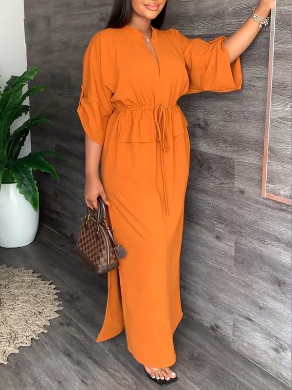 Goosudu V-Neck Drawstring Slit Dress