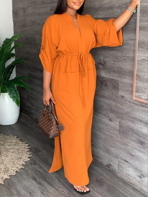 Goosudu V-Neck Drawstring Slit Dress