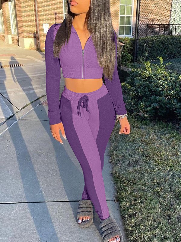 Goosudu Two-Tone Zip-Front Top & Pants Set