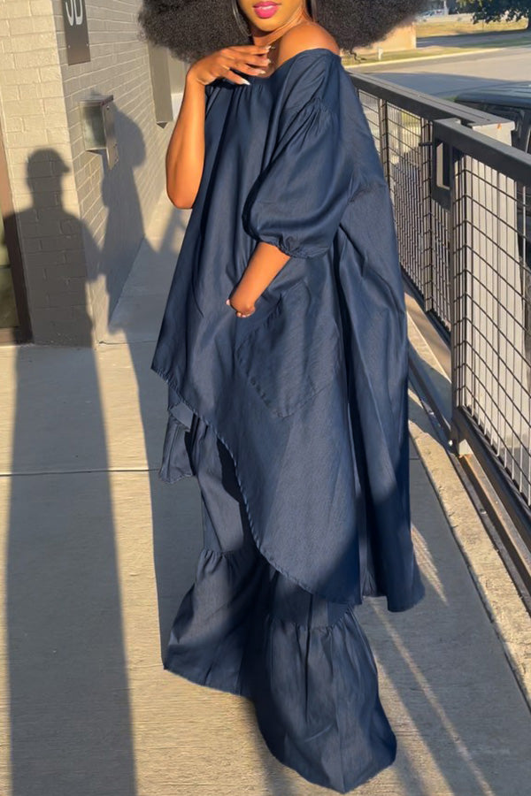 Goosudu Fashion Loose Half Sleeve Asymmetric Mid-Length Blouse Flared Pant Suits