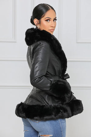 Goosudu Faux Fur Leather Jacket with Cord Long Outerwear