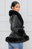 Goosudu Faux Fur Leather Jacket with Cord Long Outerwear