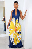 Goosudu Deep V Neck Flower Print Halter Backless Maxi Dresses