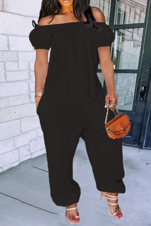 Goosudu Plus Size Solid Off The Shoulder Pocket Jumpsuit