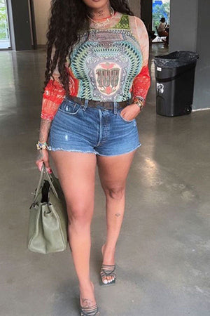 Goosudu Graphic Print Stylish See-Through T-Shirt