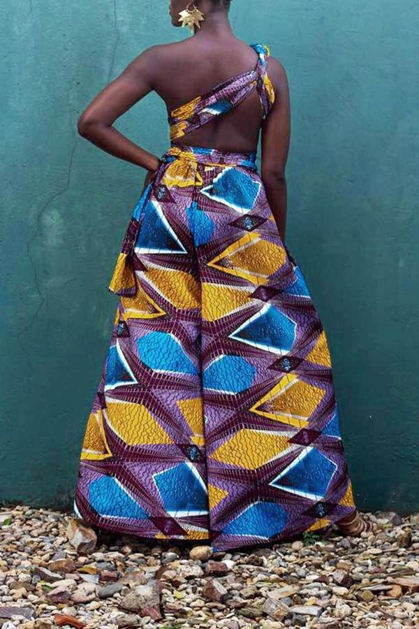 Goosudu Fashionable Geometric Print Multi-wear Loose Wide-leg Jumpsuit