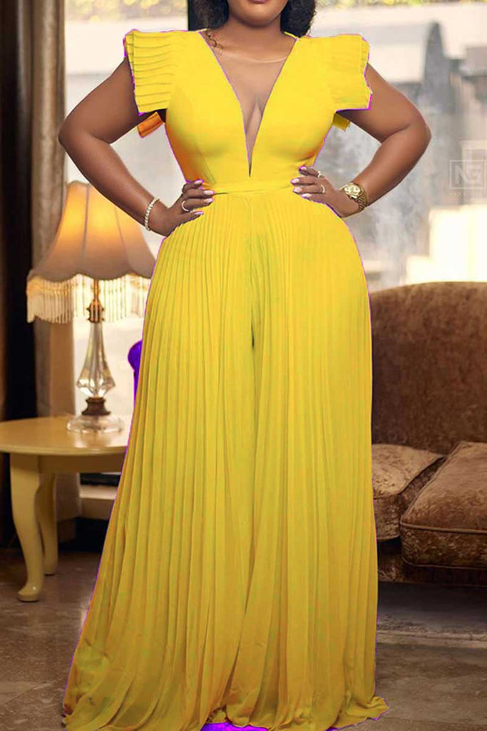 Goosudu Elegant Solid Patchwork Fold V Neck Straight Jumpsuits