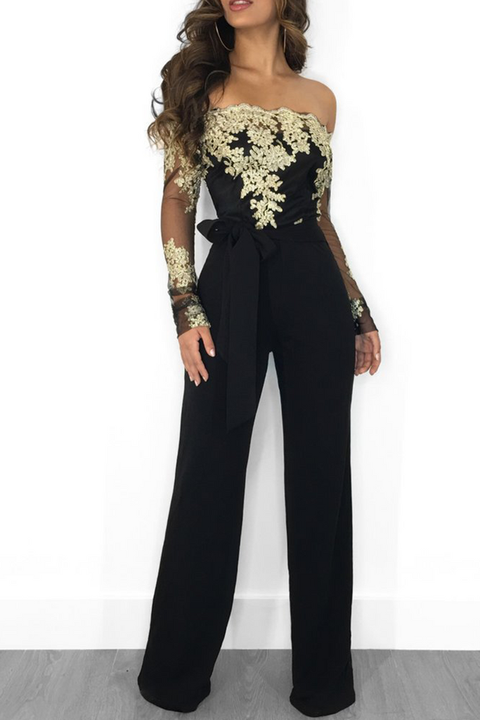 Goosudu Sexy Solid Lace Off the Shoulder Boot Cut Jumpsuits