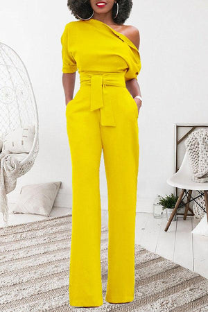 Goosudu Classic Solid Color Diagonal Belt Jumpsuit