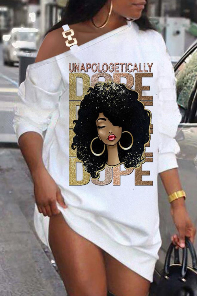 Goosudu Street Print Patchwork Metal Accessories Decoration Oblique Collar Straight Dresses