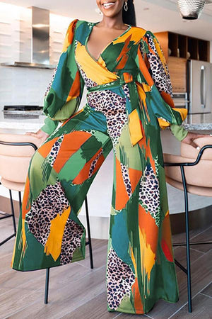 Goosudu Plus Size Leopard Colorblock Lantern Sleeve Tie Jumpsuit