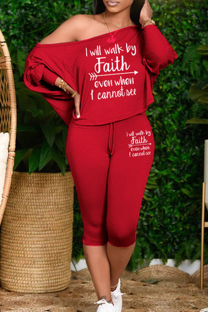 Goosudu Plus Size Casual Letter Patchwork Draw String Printing One Shoulder Plus Size Two Pieces