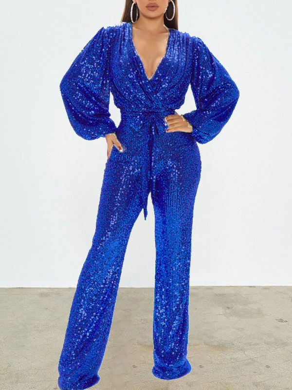 Goosudu Sequin V-Neck Tied Jumpsuit