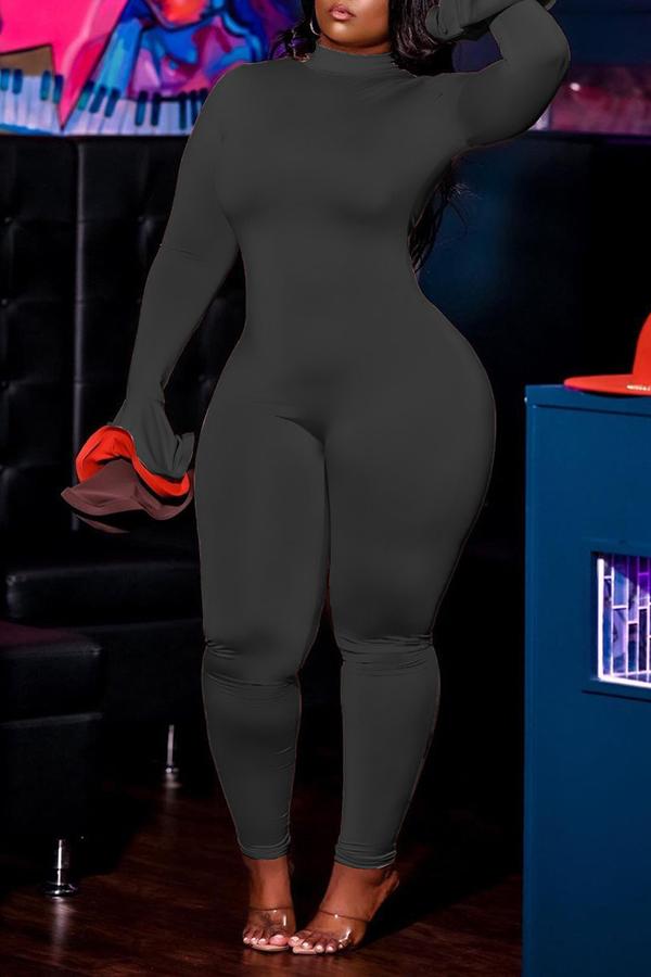 Goosudu High Neck Contrast Flare Sleeve Zipper Jumpsuit