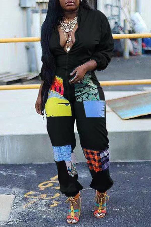 Goosudu Fashion Patchwork Zipper Plus Size Jumpsuit