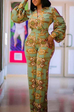 Goosudu Fashion Off Shoulder Lantern Sleeve Printed Jumpsuit