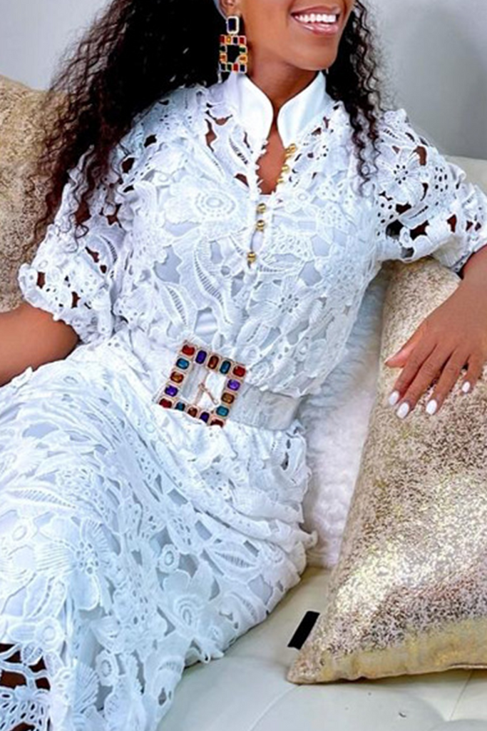 Goosudu Casual Solid Lace Mandarin Collar Waist Skirt Dresses