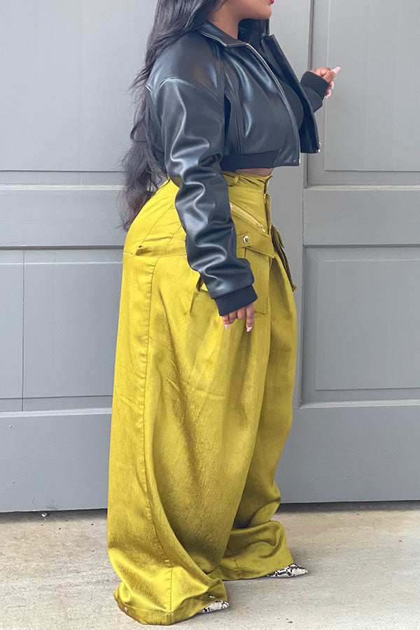 Goosudu High Waist Solid Color Feminine Patch Pocket Pants