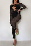 Goosudu Sexy Off Shoulder Sheer Leopard Print Pearl Buckle Chest Cutout Jumpsuits