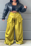 Goosudu High Waist Solid Color Feminine Patch Pocket Pants