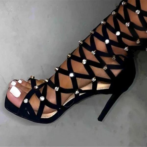 Goosudu Diamonds Square Open Toe High Heel Boots