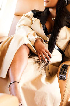 Goosudu Hit Color PU Patchwork Unique Belted Trench Coat