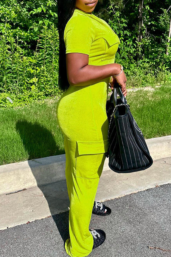 Goosudu Fashion Solid Color Short Sleeve Polo Collar Zip Slim-Fit Stretch Jumpsuits