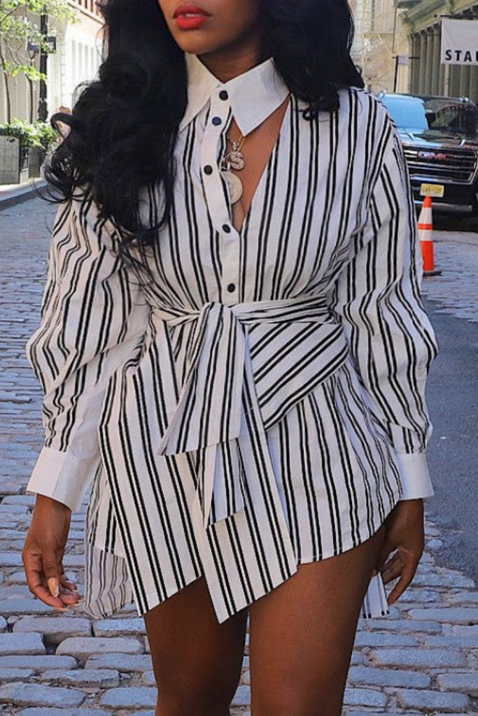 Goosudu Casual Striped Print Hollowed Out Patchwork POLO collar Shirt Dress Dresses