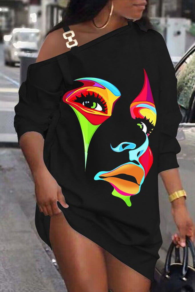 Goosudu Street Print Patchwork Metal Accessories Decoration Oblique Collar Straight Dresses