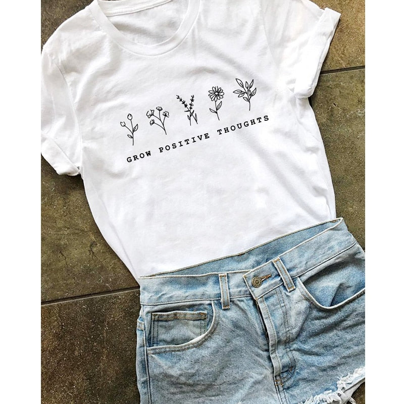 goosudu Grow Positive Thoughts T-shirt Vintage Women Floral Print Tshirt Summer Inspired Slogan Graphic Boho Tee Top Mental Health Shirt