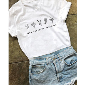 goosudu Grow Positive Thoughts T-shirt Vintage Women Floral Print Tshirt Summer Inspired Slogan Graphic Boho Tee Top Mental Health Shirt