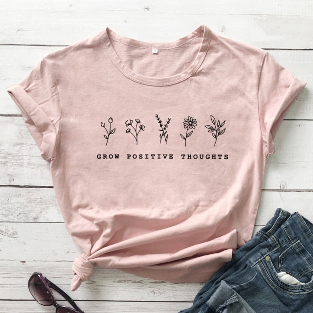 goosudu Grow Positive Thoughts T-shirt Vintage Women Floral Print Tshirt Summer Inspired Slogan Graphic Boho Tee Top Mental Health Shirt