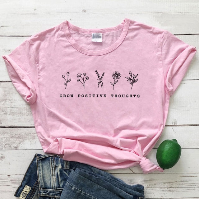 goosudu Grow Positive Thoughts T-shirt Vintage Women Floral Print Tshirt Summer Inspired Slogan Graphic Boho Tee Top Mental Health Shirt