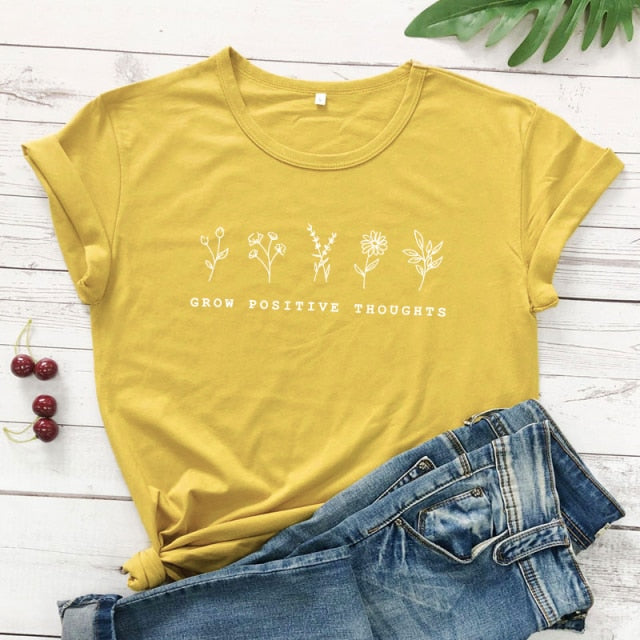 goosudu Grow Positive Thoughts T-shirt Vintage Women Floral Print Tshirt Summer Inspired Slogan Graphic Boho Tee Top Mental Health Shirt