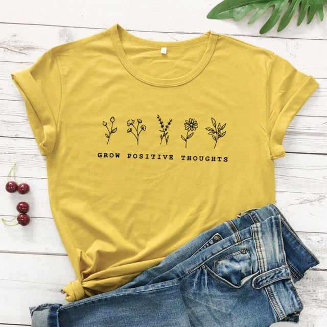 goosudu Grow Positive Thoughts T-shirt Vintage Women Floral Print Tshirt Summer Inspired Slogan Graphic Boho Tee Top Mental Health Shirt