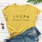 goosudu Grow Positive Thoughts T-shirt Vintage Women Floral Print Tshirt Summer Inspired Slogan Graphic Boho Tee Top Mental Health Shirt