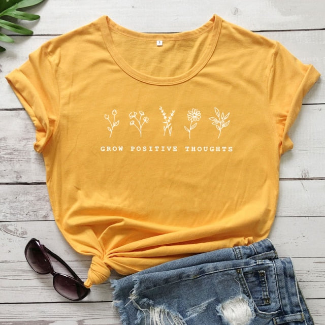 goosudu Grow Positive Thoughts T-shirt Vintage Women Floral Print Tshirt Summer Inspired Slogan Graphic Boho Tee Top Mental Health Shirt