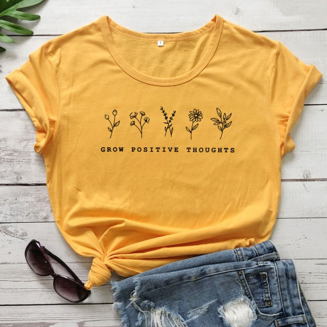 goosudu Grow Positive Thoughts T-shirt Vintage Women Floral Print Tshirt Summer Inspired Slogan Graphic Boho Tee Top Mental Health Shirt
