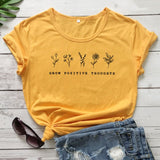 goosudu Grow Positive Thoughts T-shirt Vintage Women Floral Print Tshirt Summer Inspired Slogan Graphic Boho Tee Top Mental Health Shirt
