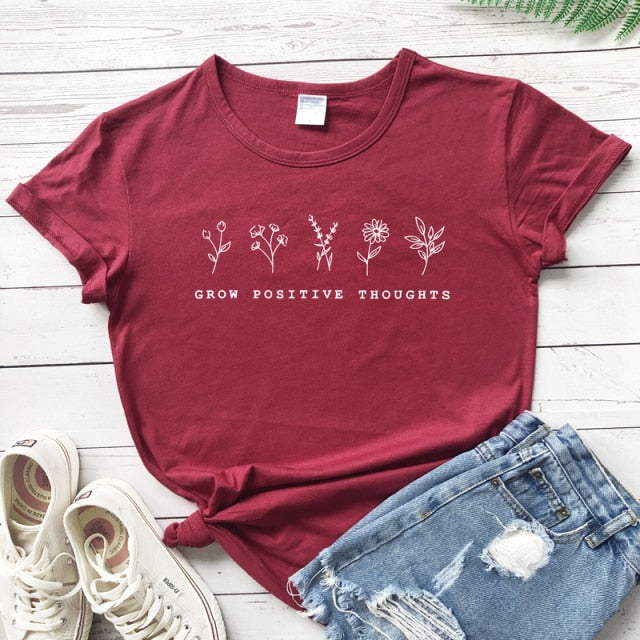 goosudu Grow Positive Thoughts T-shirt Vintage Women Floral Print Tshirt Summer Inspired Slogan Graphic Boho Tee Top Mental Health Shirt