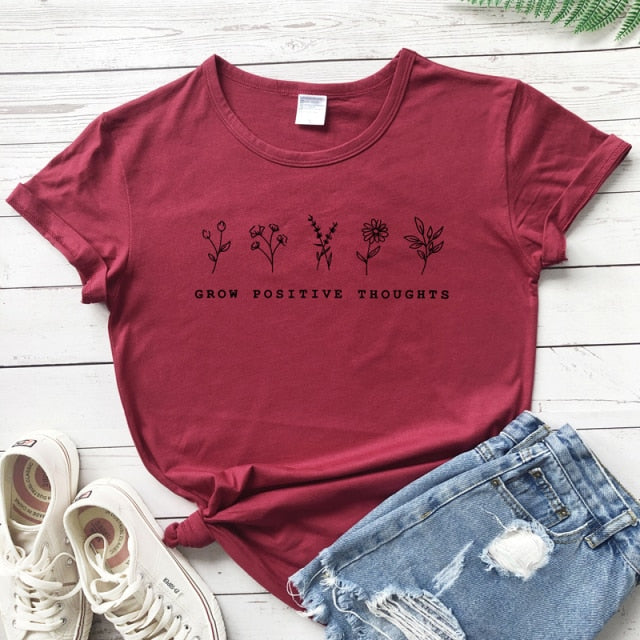 goosudu Grow Positive Thoughts T-shirt Vintage Women Floral Print Tshirt Summer Inspired Slogan Graphic Boho Tee Top Mental Health Shirt