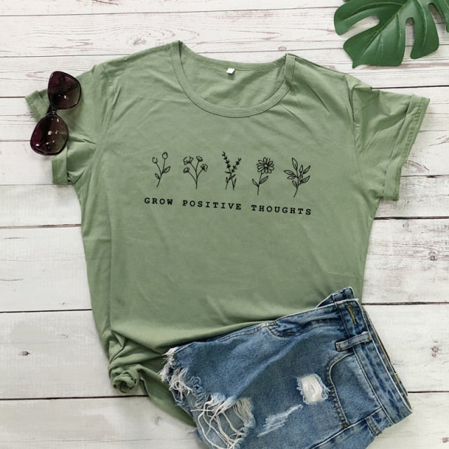 goosudu Grow Positive Thoughts T-shirt Vintage Women Floral Print Tshirt Summer Inspired Slogan Graphic Boho Tee Top Mental Health Shirt