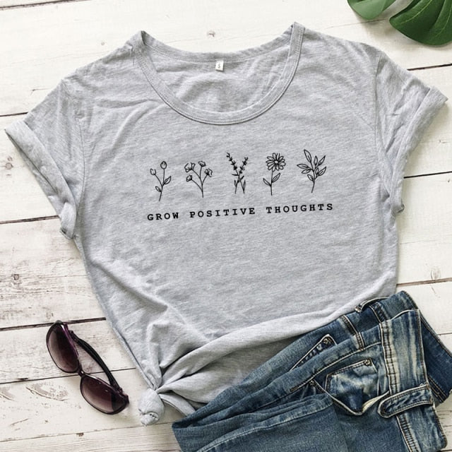 goosudu Grow Positive Thoughts T-shirt Vintage Women Floral Print Tshirt Summer Inspired Slogan Graphic Boho Tee Top Mental Health Shirt