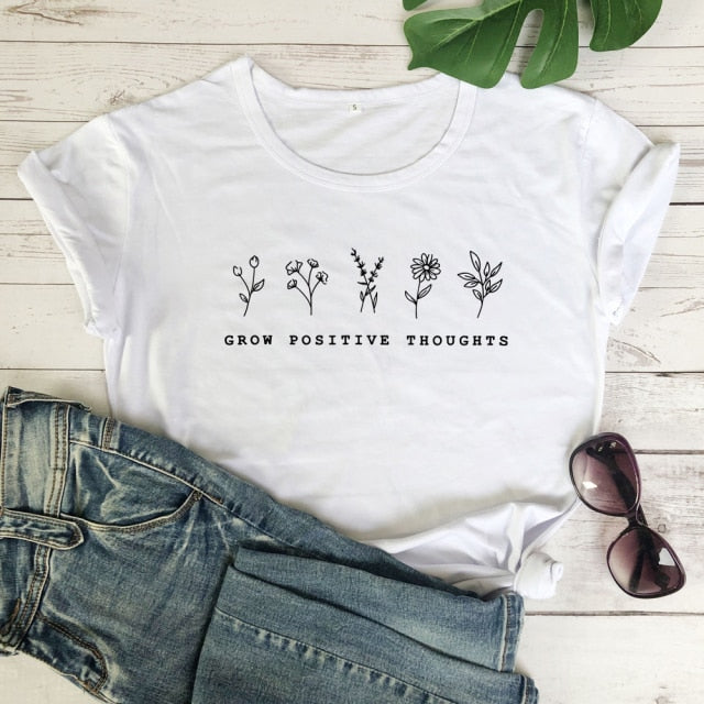 goosudu Grow Positive Thoughts T-shirt Vintage Women Floral Print Tshirt Summer Inspired Slogan Graphic Boho Tee Top Mental Health Shirt