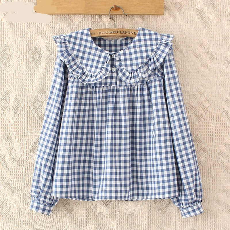 Women Plaid Shirt Long Sleeve Spring Summer Tops Ladies Japanese Mori Girl Peter pan Collar Cute Baby doll Cotton White Blouses
