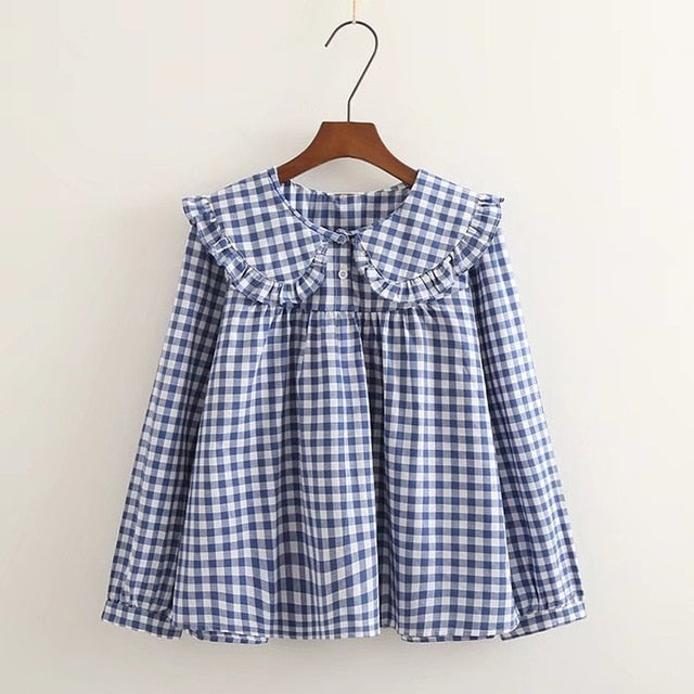 Women Plaid Shirt Long Sleeve Spring Summer Tops Ladies Japanese Mori Girl Peter pan Collar Cute Baby doll Cotton White Blouses