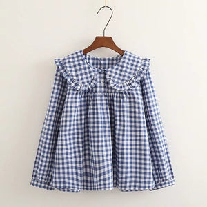 Women Plaid Shirt Long Sleeve Spring Summer Tops Ladies Japanese Mori Girl Peter pan Collar Cute Baby doll Cotton White Blouses
